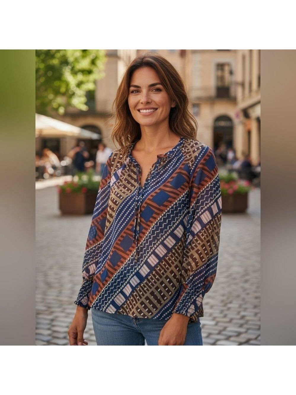 Love In Geometric Print Blouse Blue Brown Extra Large #BL20